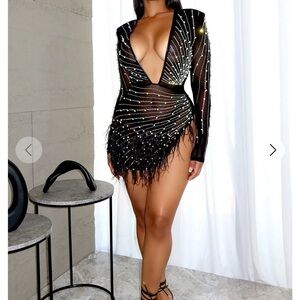 Black Embellished Deep V Mini Dress